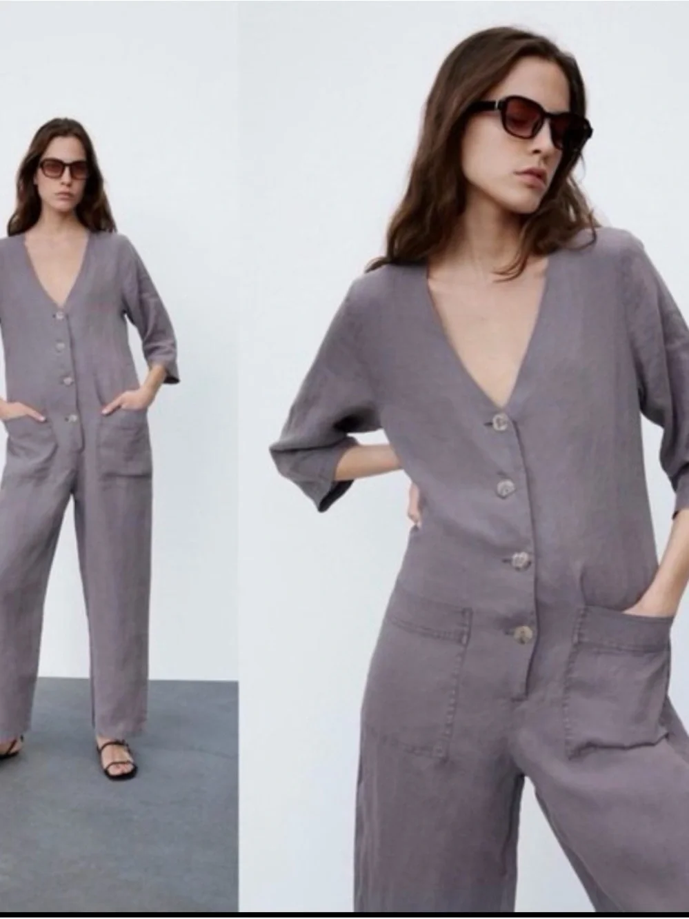 NWOT Zara Women’s 100% Linen Button Front Grey Minimalist Jumpsuit Medium